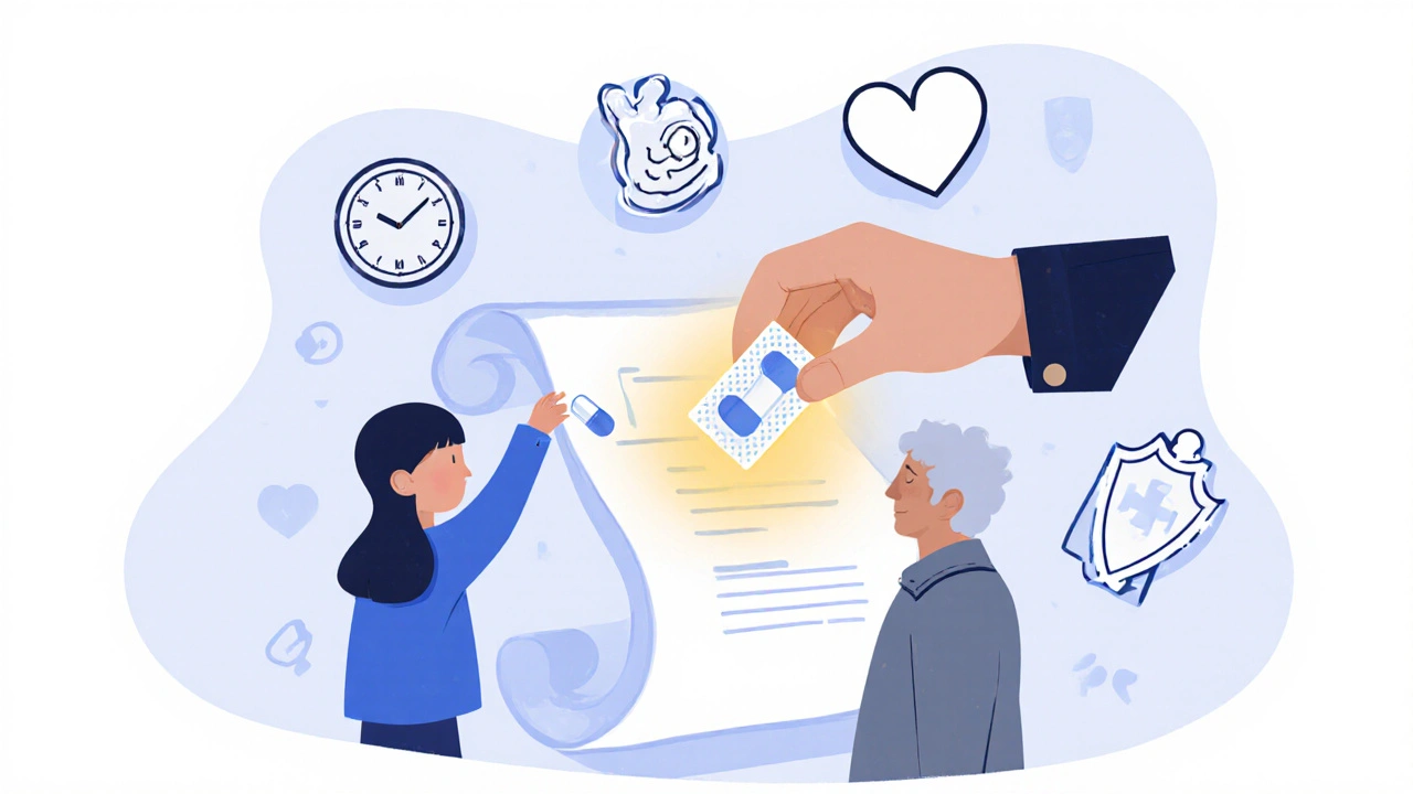 A child, elderly person, and soldier each receive a unique pill form from a glowing hand, surrounded by symbolic icons.