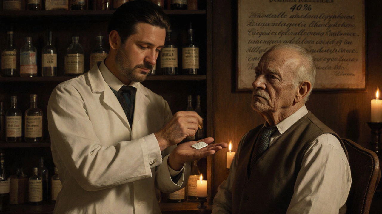 A pharmacist hands a patch to a patient in a vintage apothecary, with glowing charts and soft candlelight.