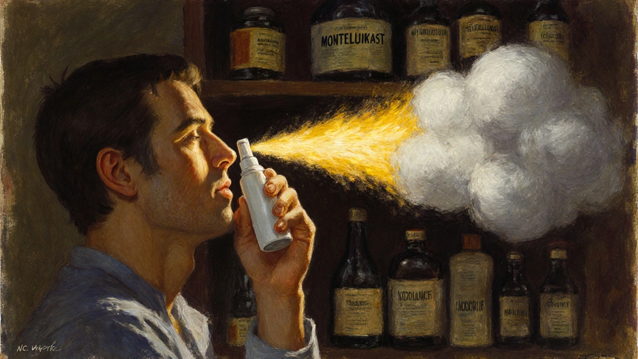 Adult using a nasal spray as golden anti-inflammatory waves replace fading gray Montelukast clouds.