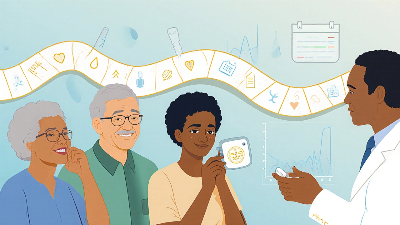 Adults in a research setting with a timeline ribbon representing the SAVOR‑Prevention trial.