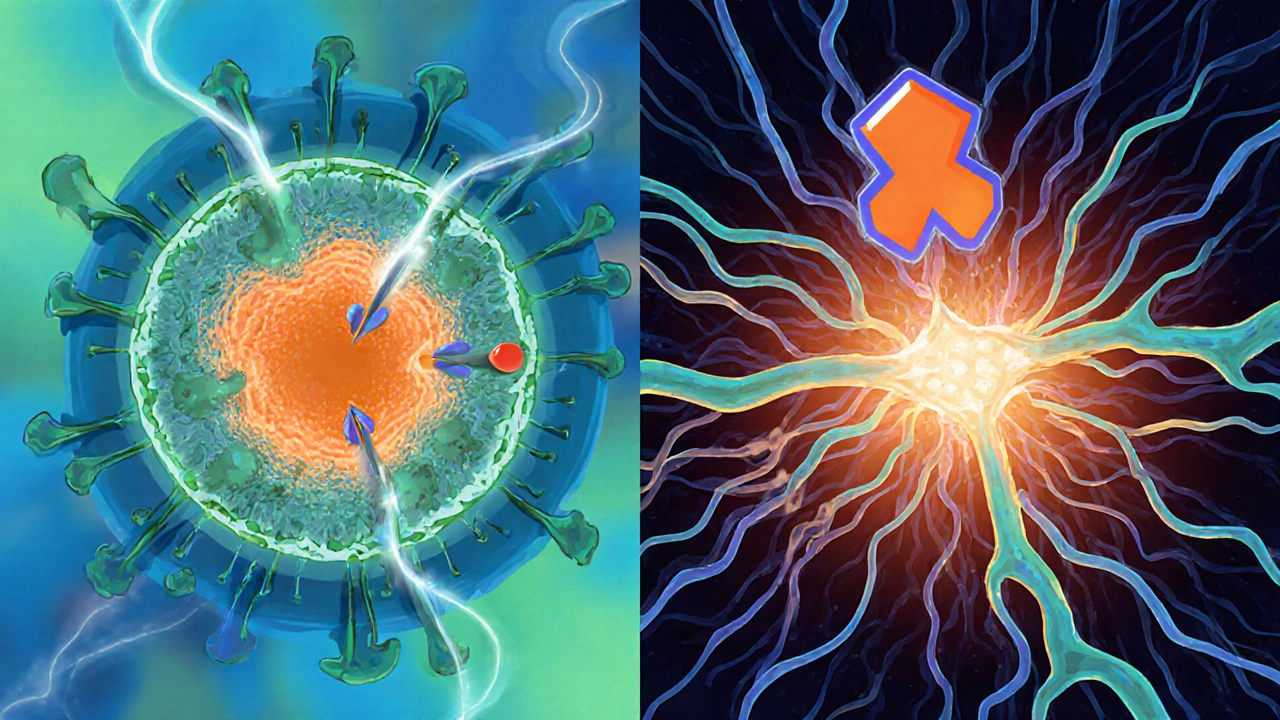 Amantadine blocking flu virus channel and enhancing dopamine while inhibiting NMDA receptor.