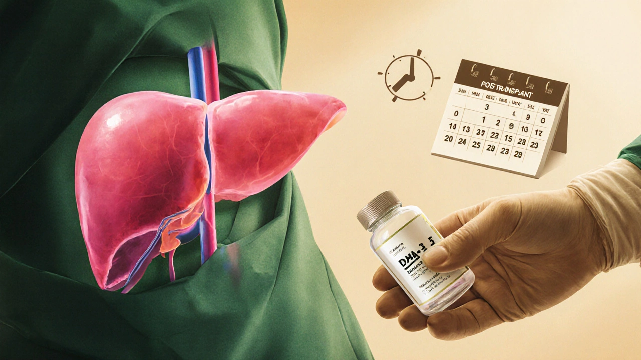 Artistic scene of a donor liver being implanted with antiviral medication nearby.