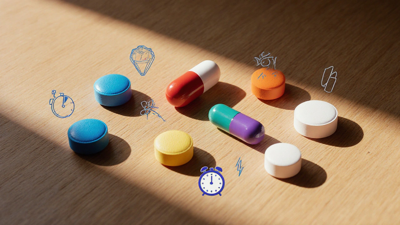 Assortment of ED and PE pills laid on wood, each with small icons for onset, duration and side effects.