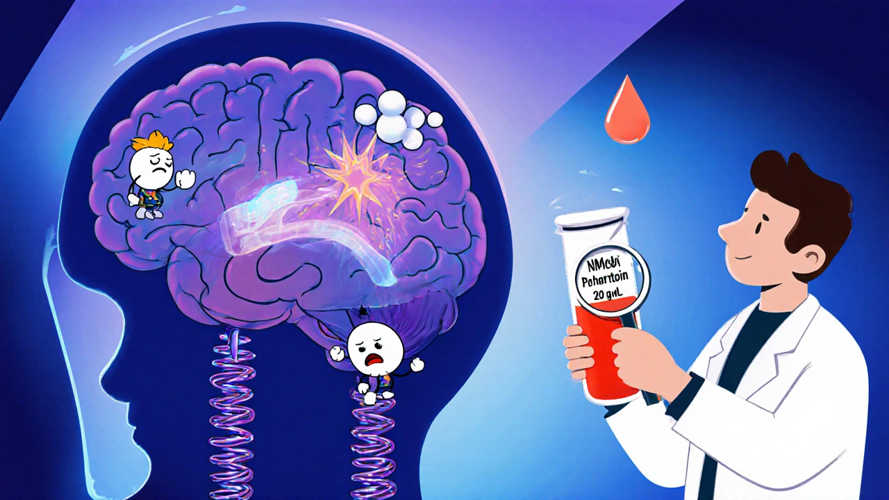 Cartoon brain shows sodium channels, reduced GABA, glutamate sparks, and high phenytoin level.
