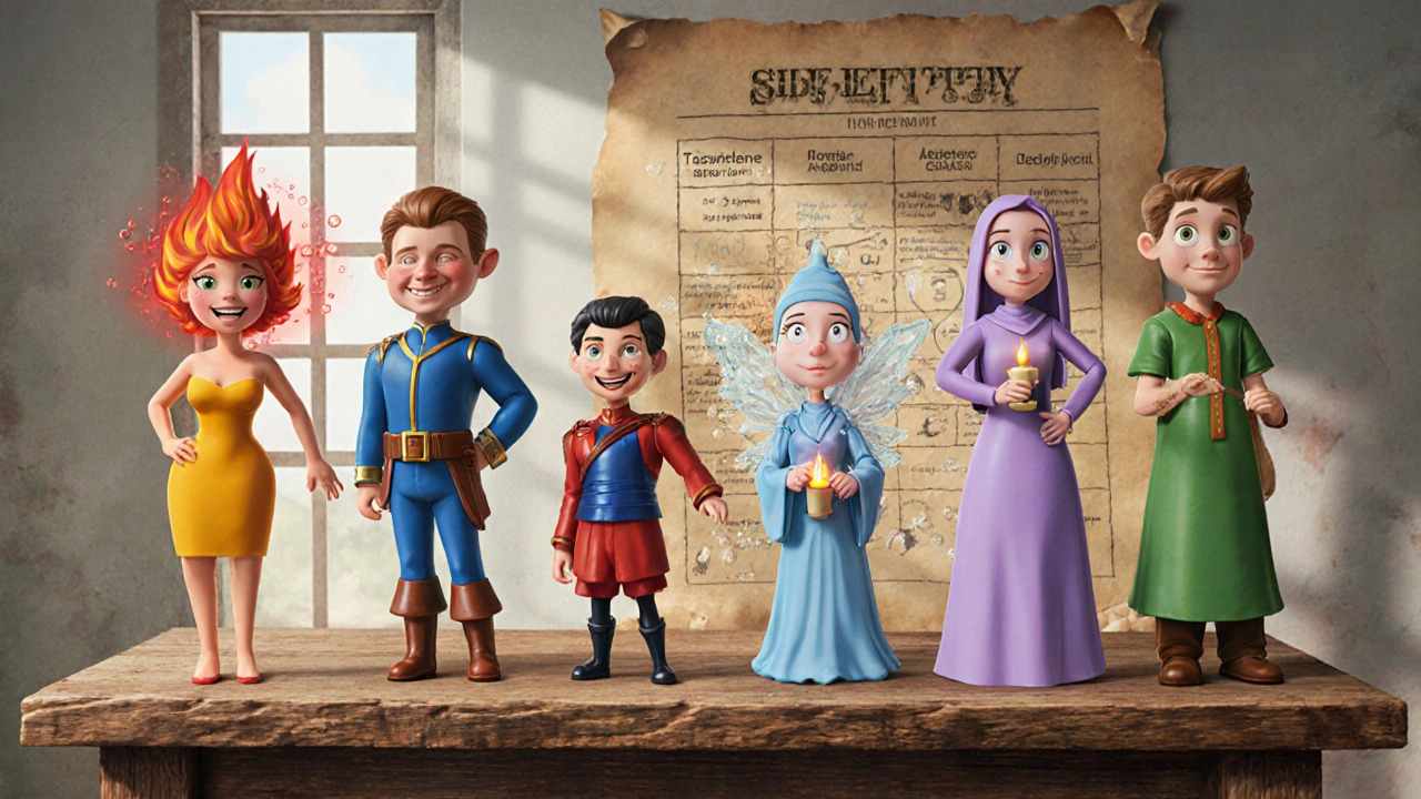 Cartoon characters personify six acne agents, each showing their irritation level.