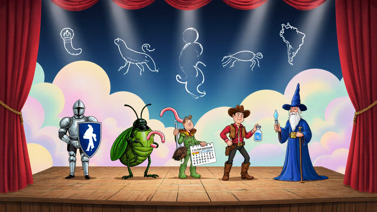 Cartoon heroes representing five anti‑parasitic drugs stand on stage with their target parasites.