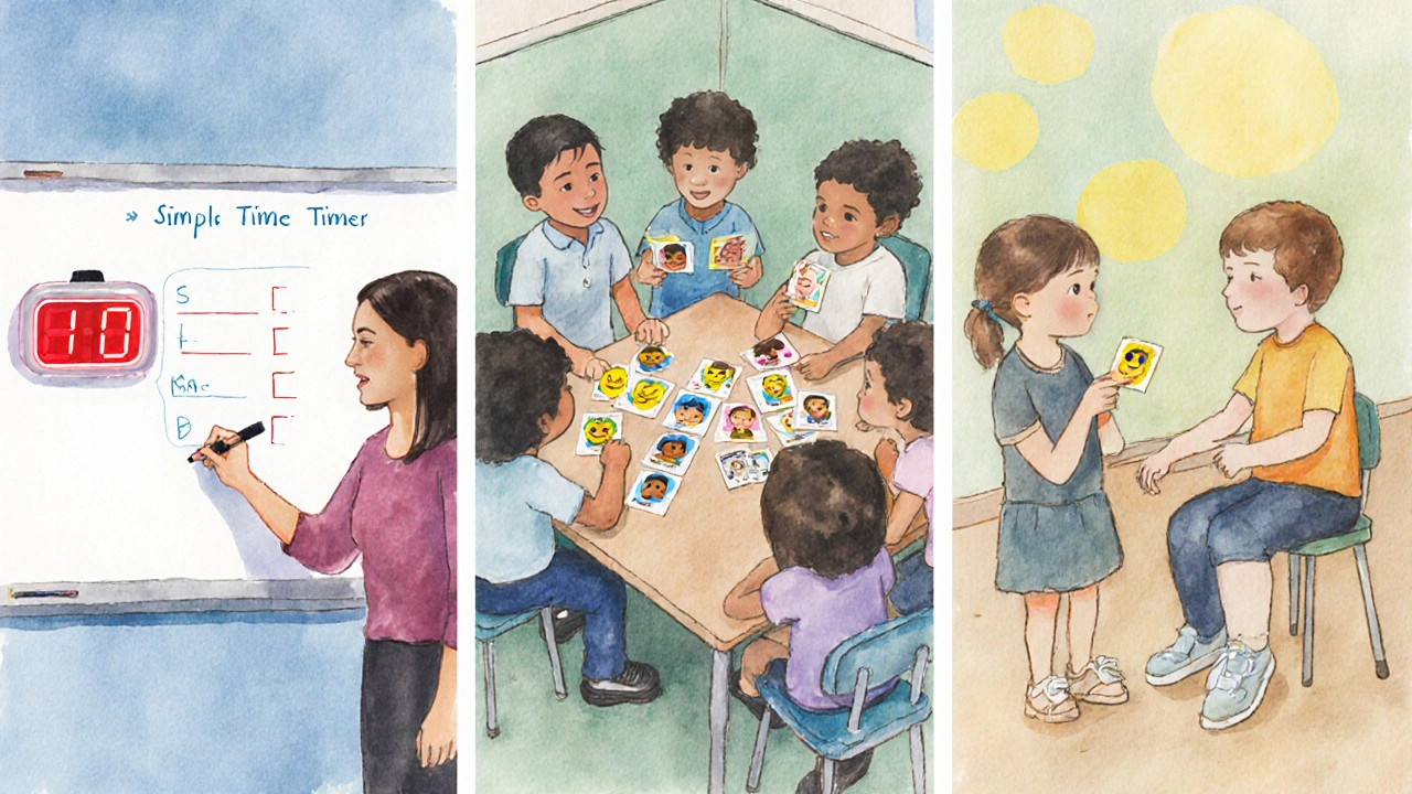 Classroom scene with visual timer, emotion cards, and role‑play for social skills.