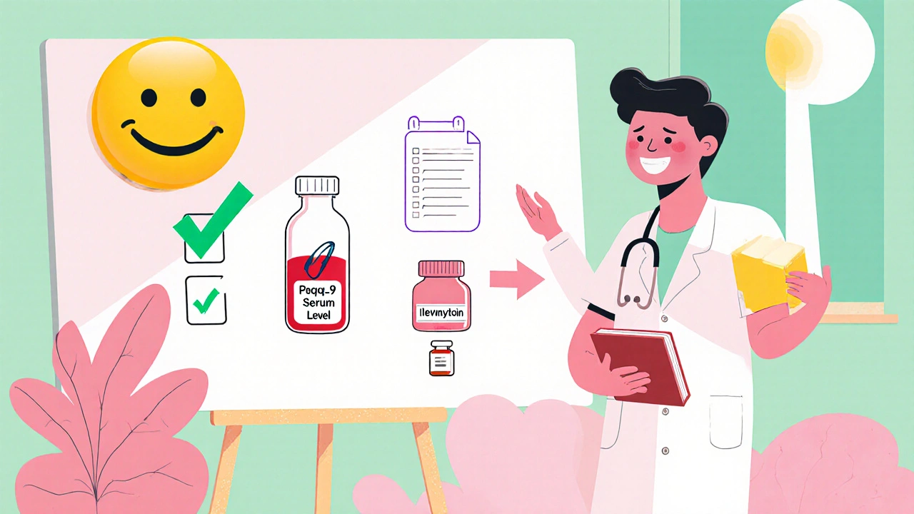 Clinician presents checklist: mood screen, blood test, and switch to levetiracetam.