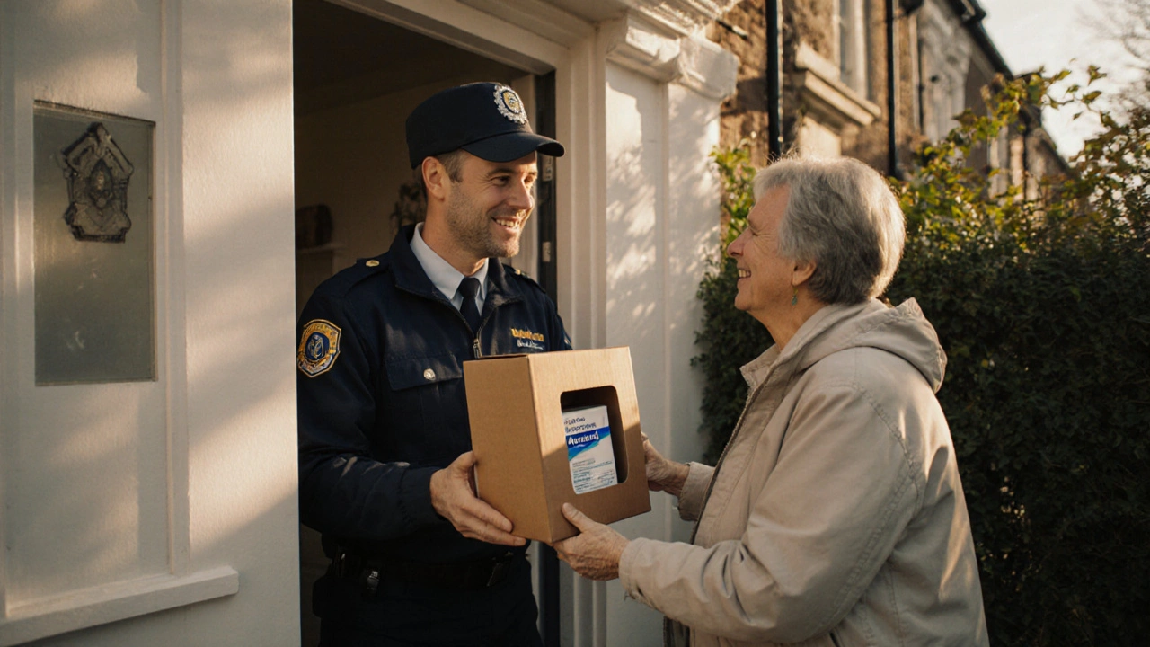 Courier delivering a sealed inhaler package to a smiling recipient at a UK home.