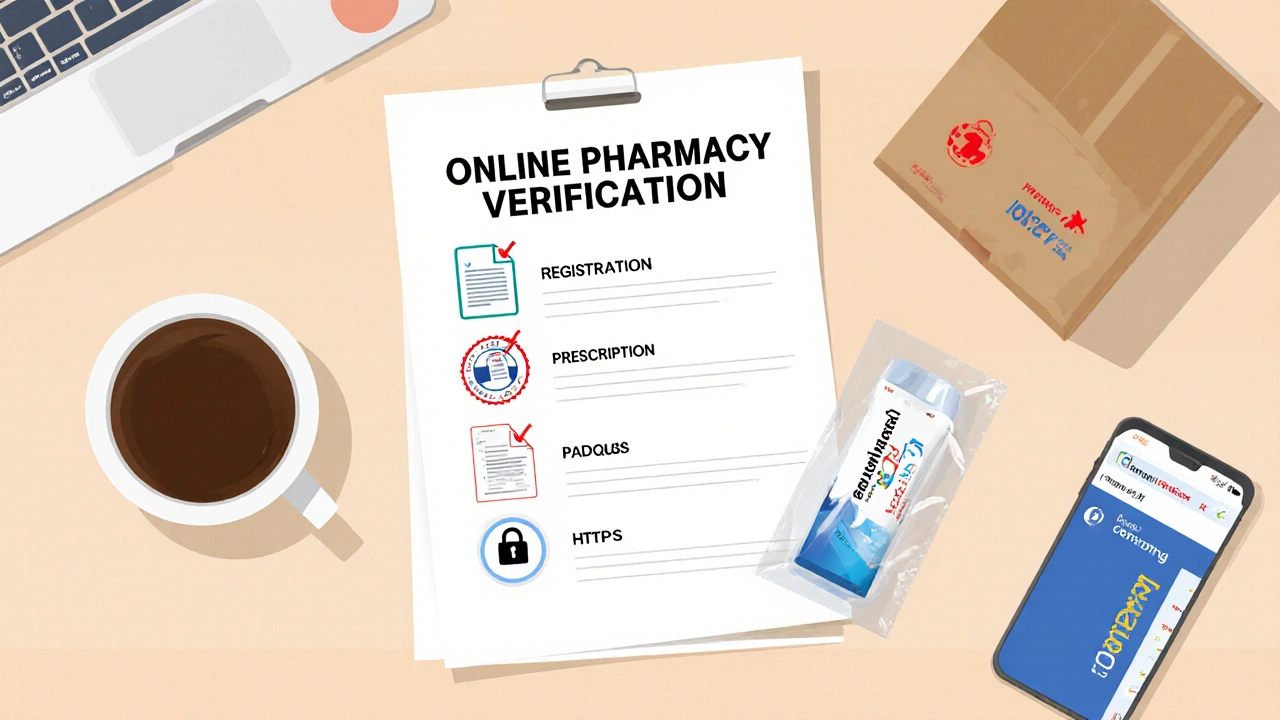 Desk with checklist items, smartphone, and sealed albuterol inhaler box in a flat‑design illustration.