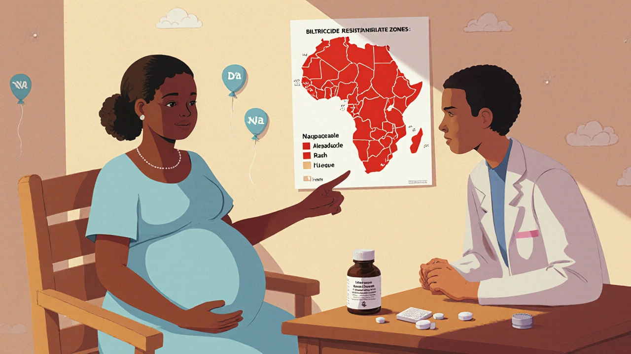 Doctor advises pregnant woman about drug choices, showing resistance map and side‑effect icons.