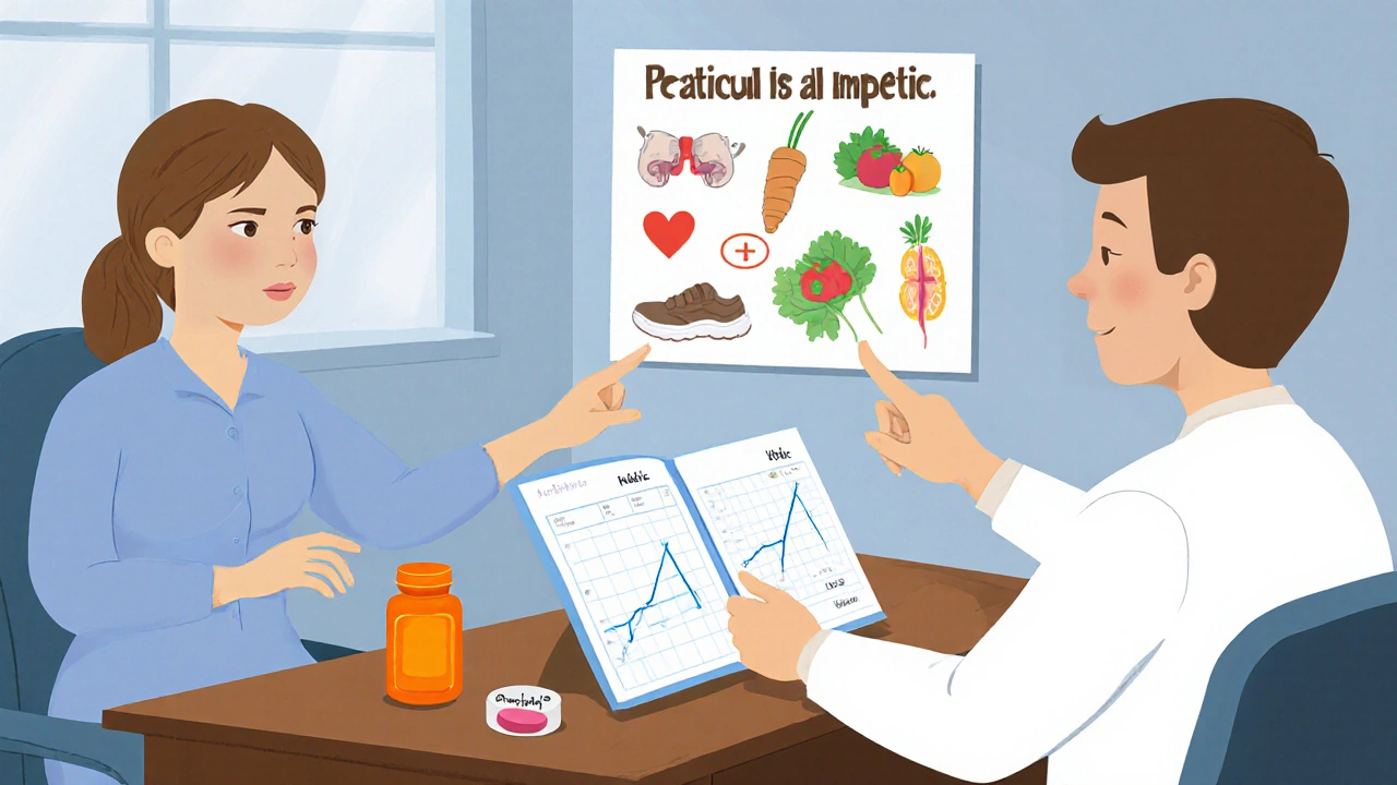 Doctor and patient discussing labs, with a saxagliptin bottle, heart and kidney icons on the desk.