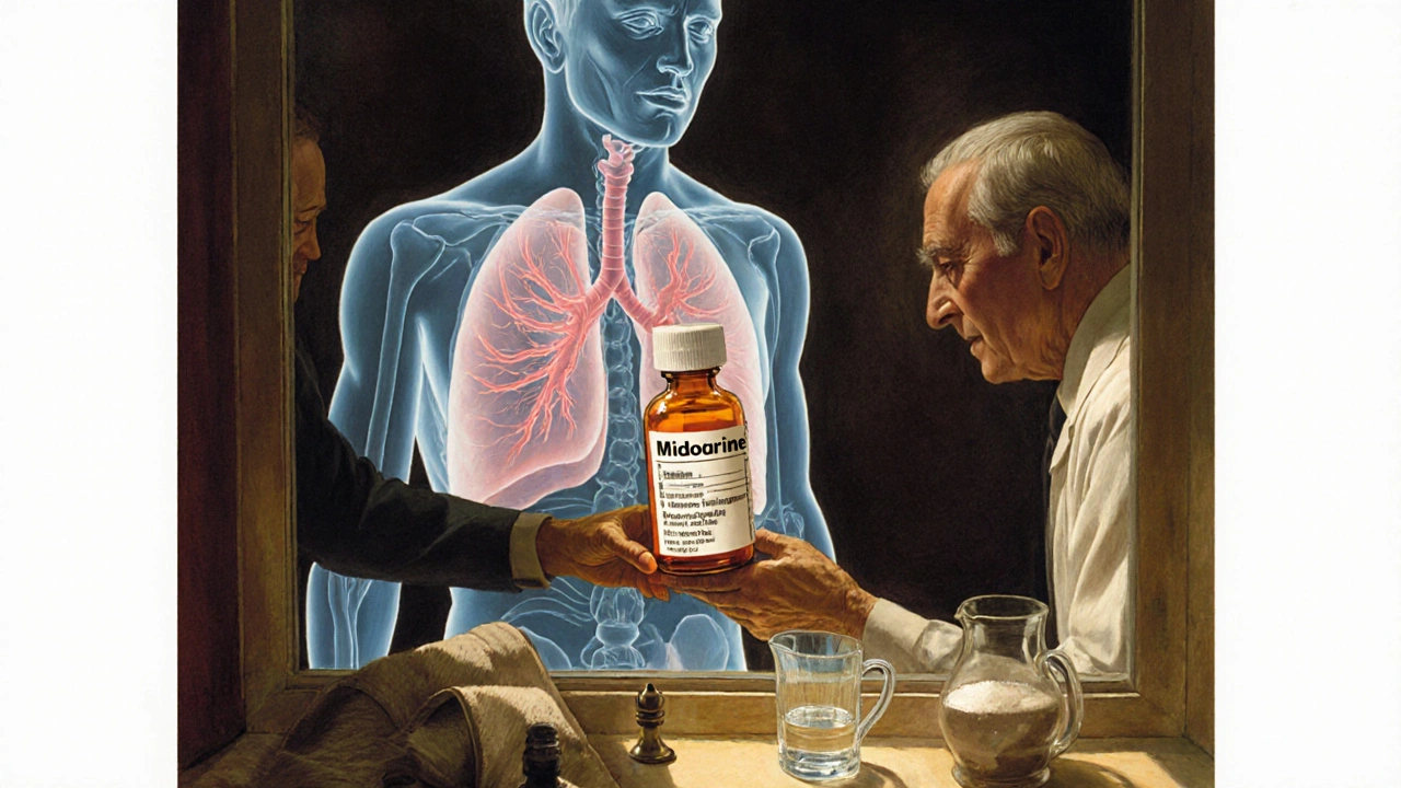 Doctor giving a prescription while a ghostly constricted lung looms behind, with non-drug alternatives glowing nearby.