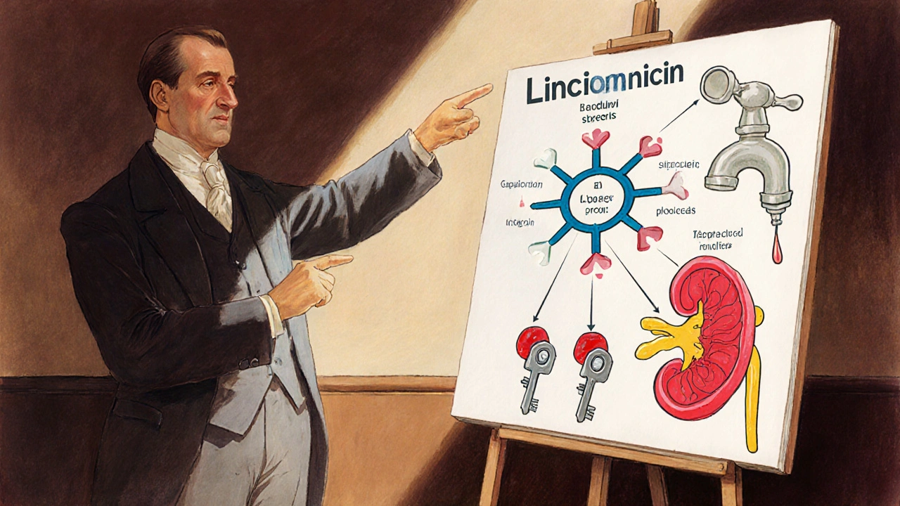 Doctor pointing at ribosome diagram showing Lincomycin blocking Gram‑positive bacteria.