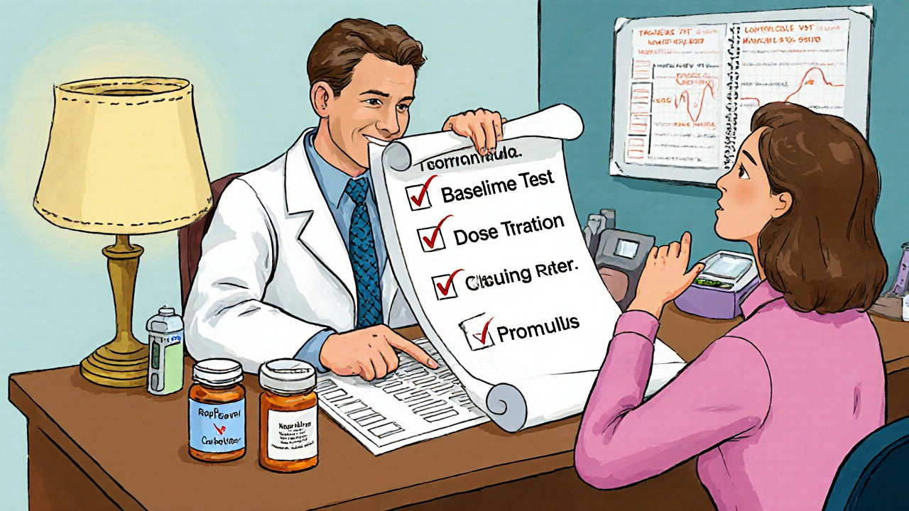 Doctor reviewing medication and glucose checklist with propranolol and metoprolol bottles.