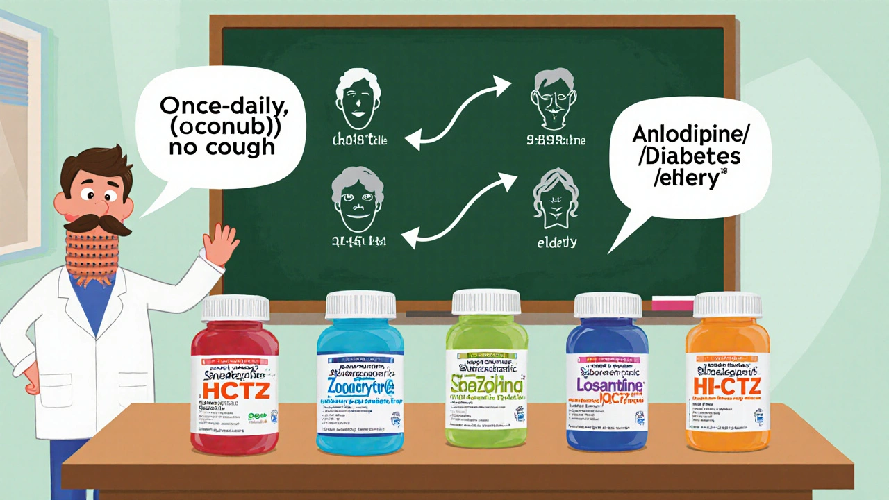 Doctor with cartoon pill bottles showing benefits, arrows linking them to patient profile icons.