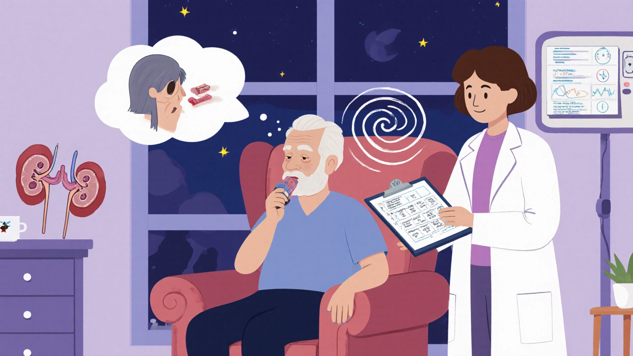 Elderly patient dealing with sleep, dry mouth, and dizziness, doctor monitoring kidneys.