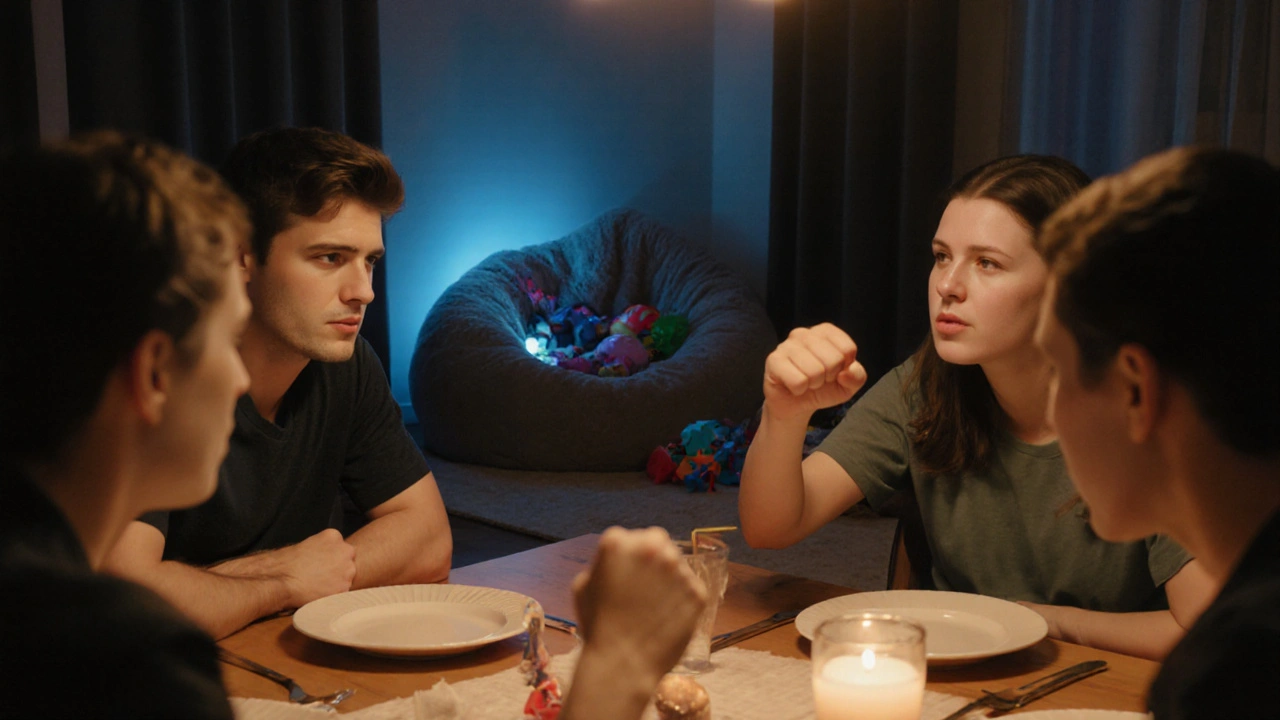 Family dinner tension with teen acting out and a calm cool‑down corner nearby.