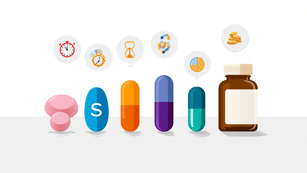 Flat illustration of various ED pills and a supplement bottle arranged side by side.