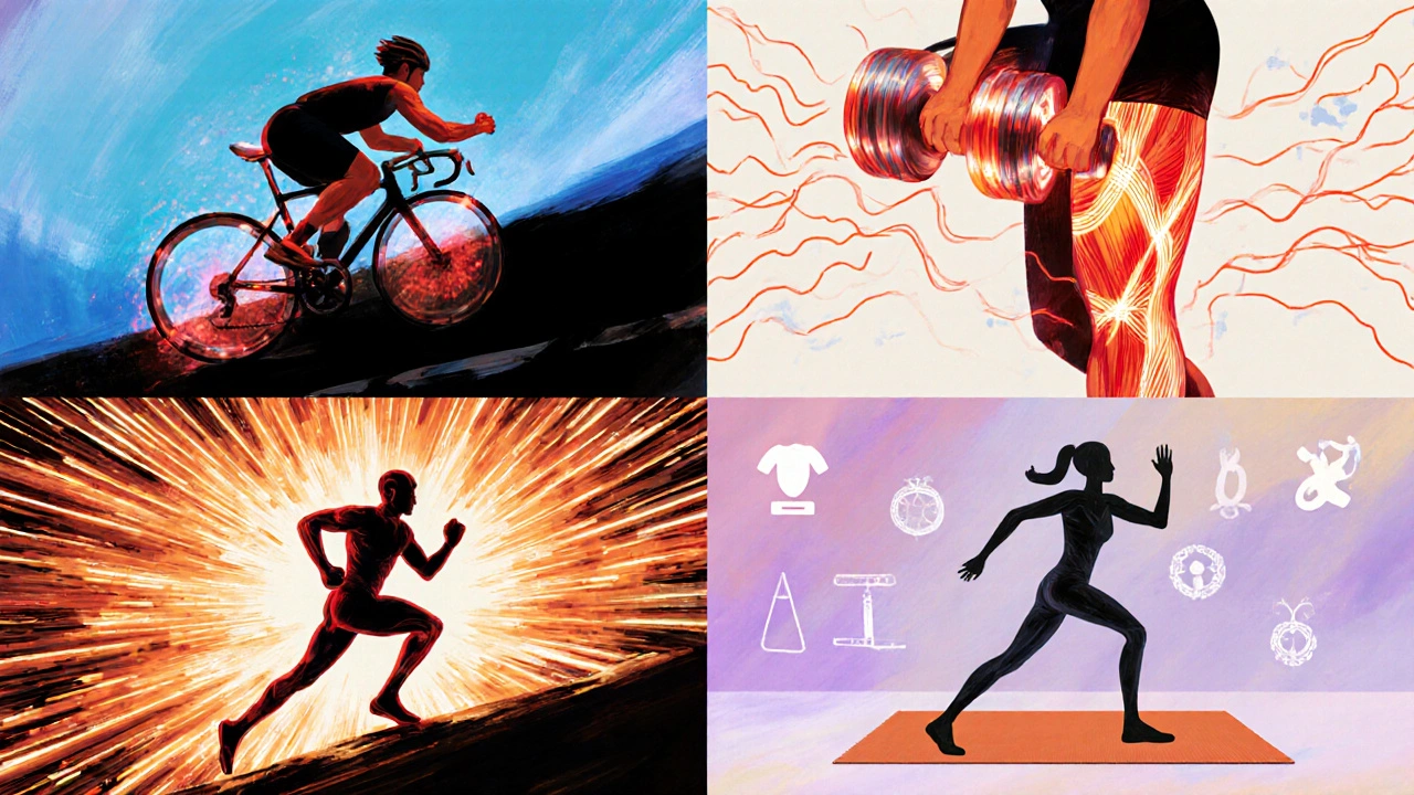 Four artistic panels showing cycling, weightlifting, sprint interval, and yoga with energetic visual effects.