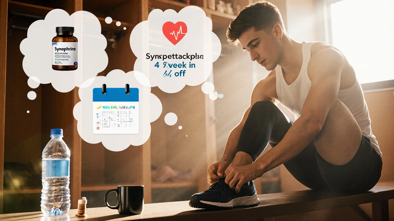 Gym locker scene showing Synephrine capsule, coffee, water bottle, and safety icons.