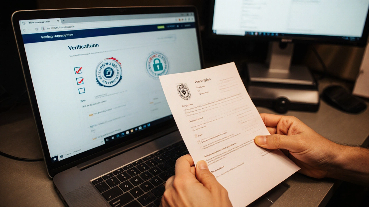 Hand holding a prescription being scanned into a computer with a visible security lock icon.
