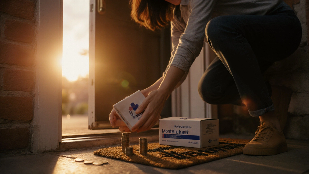Happy customer receiving a pharmacy delivery box with coins indicating savings.
