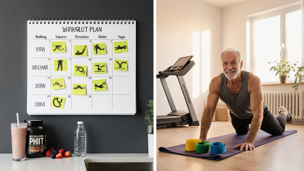 Home scene with a weekly workout calendar, nutrition items, and an older adult doing yoga, bathed in sunrise light.