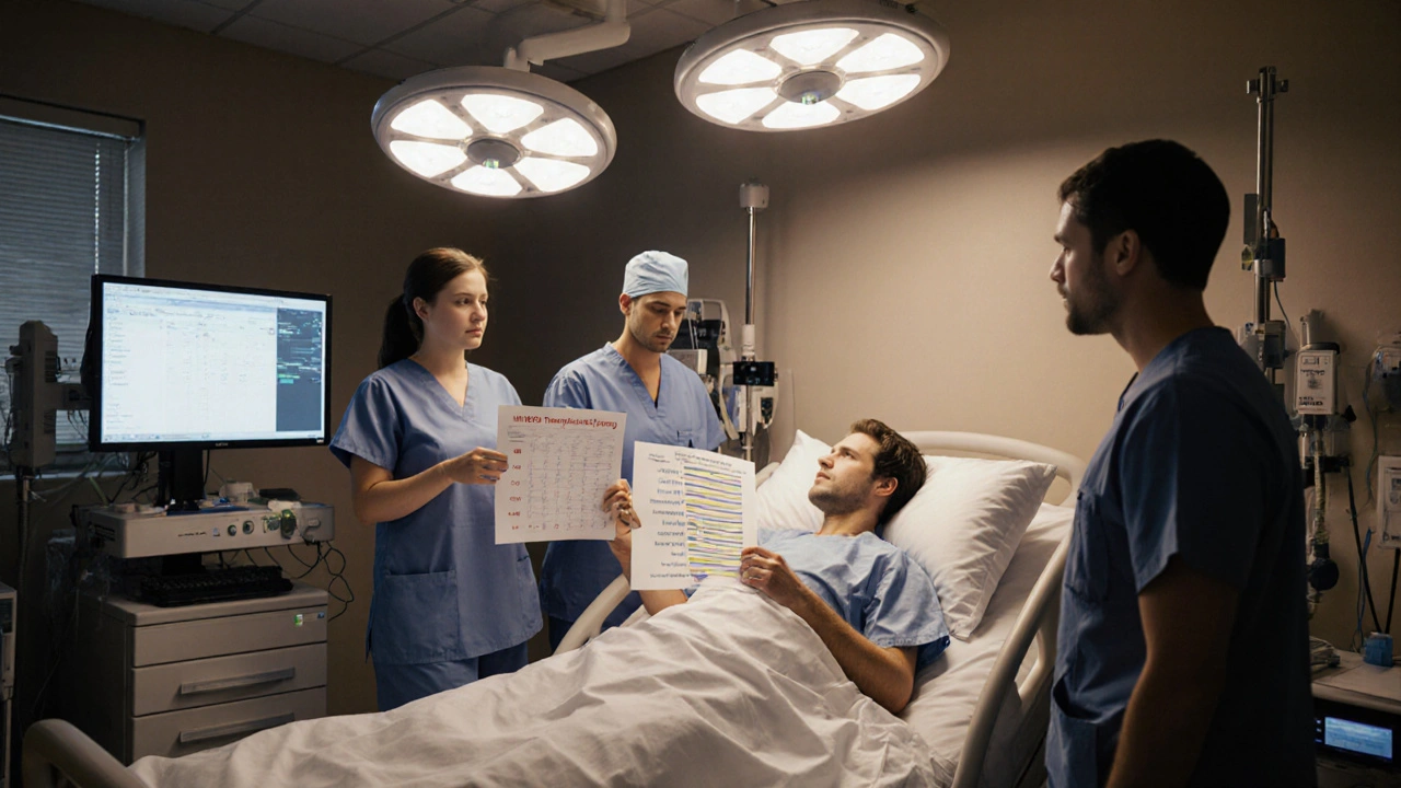 Hospital team reviewing a cirrhotic patient with ascites and MELD scores.