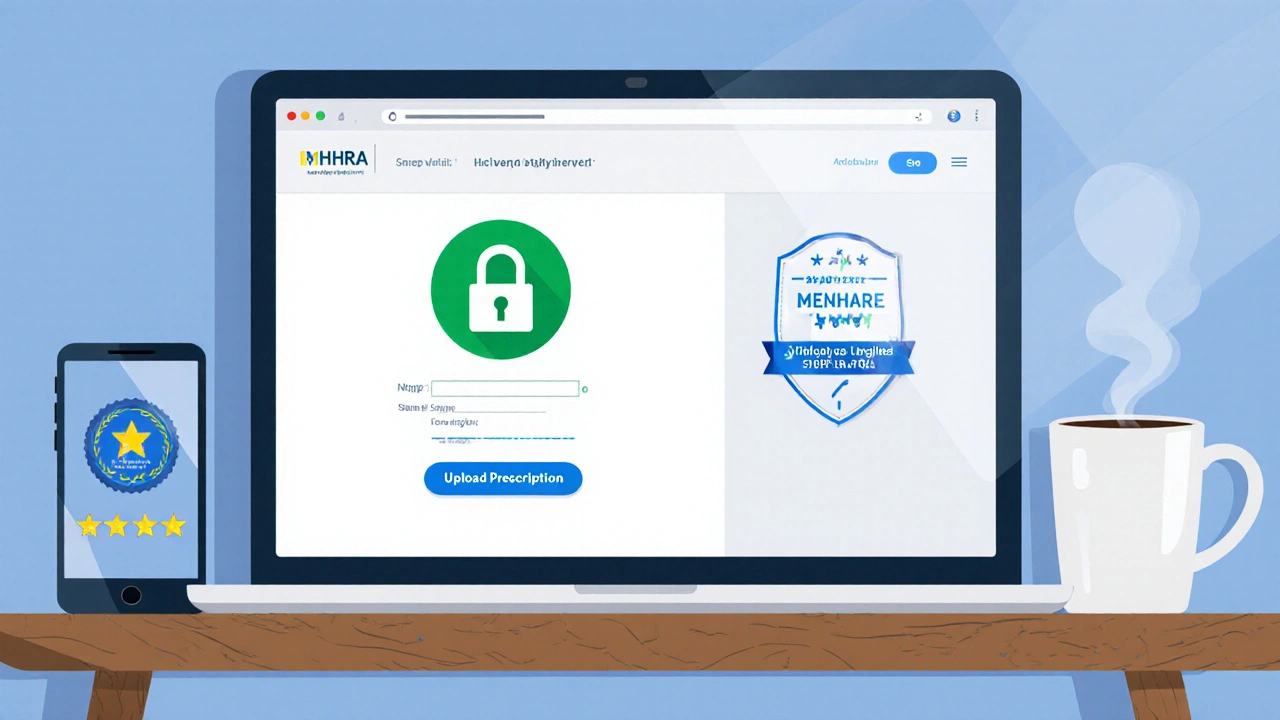 Illustration of a laptop displaying a secure online pharmacy checkout with lock icon.