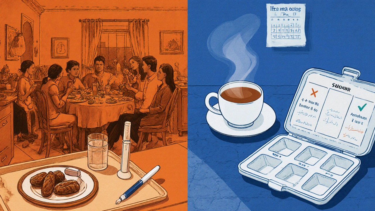 Kitchen scene showing Iftar and Suhoor meals with medication placed beside each dish.