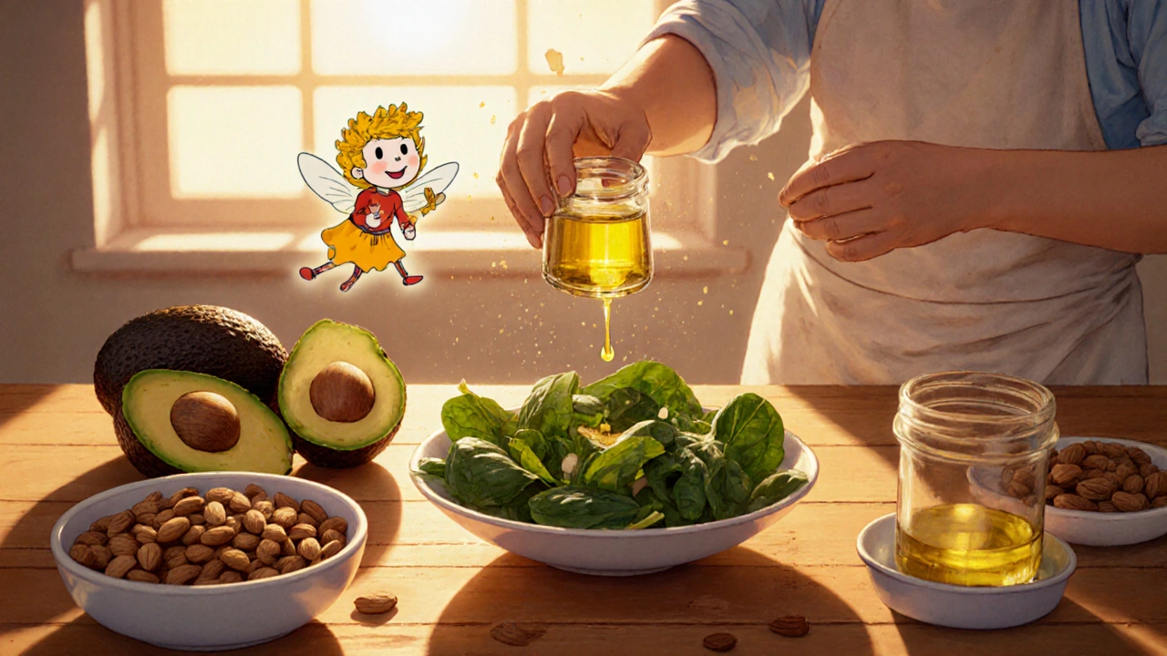 Kitchen table with almonds, sunflower seeds, avocado, and wheat germ oil being added to a salad.