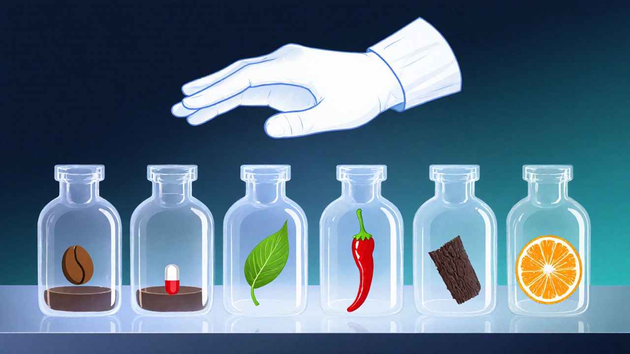 Lab countertop with six labeled vials representing different fat‑burning compounds.