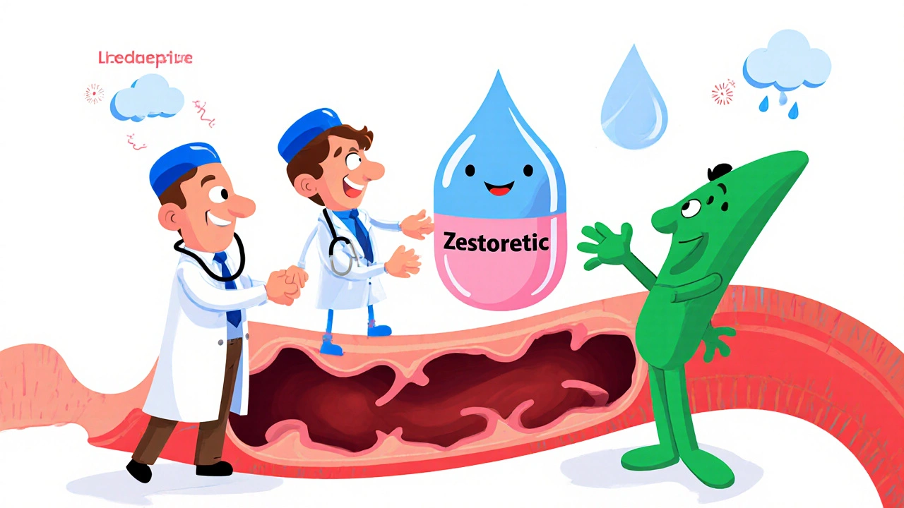Lisinopril and Hydrochlorothiazide cartoon characters merge into a Zestoretic pill over a relaxed blood vessel.