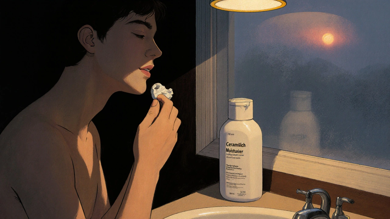 Nighttime bathroom routine with tretinoin, moisturizer, and sunscreen on the counter.