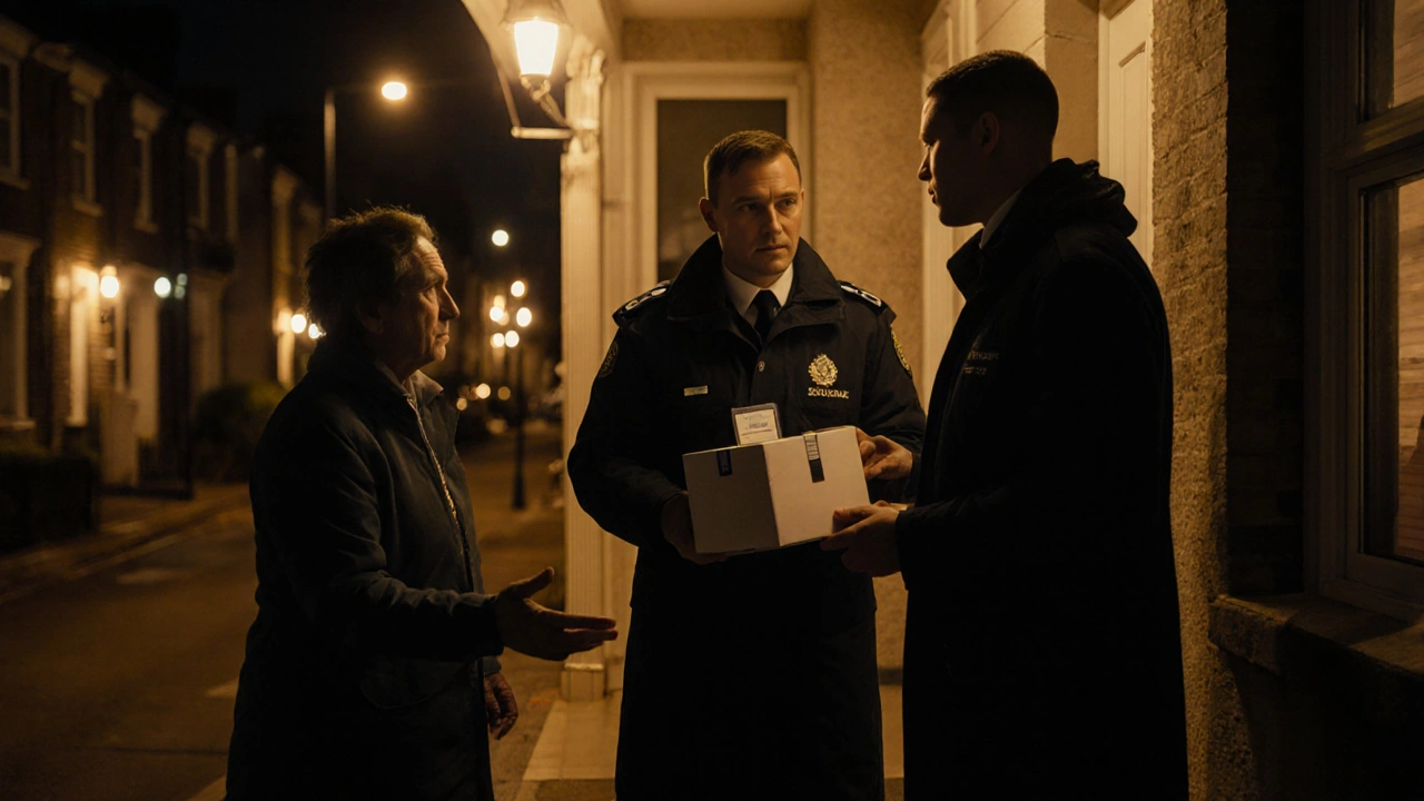 Nighttime scene of a courier handing a discreet medication package to a resident at a doorstep.