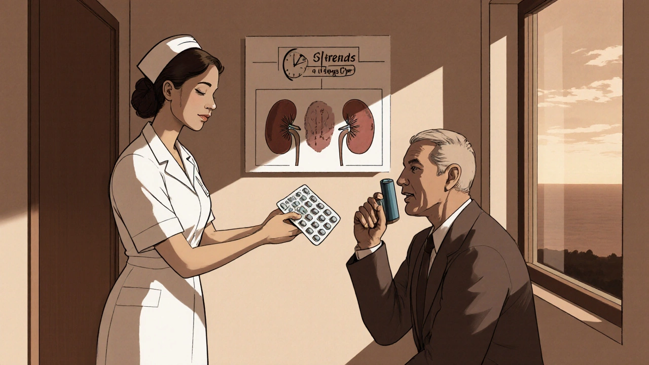 Nurse giving Lincomycin to COPD patient, with kidney and dosing cues in background.