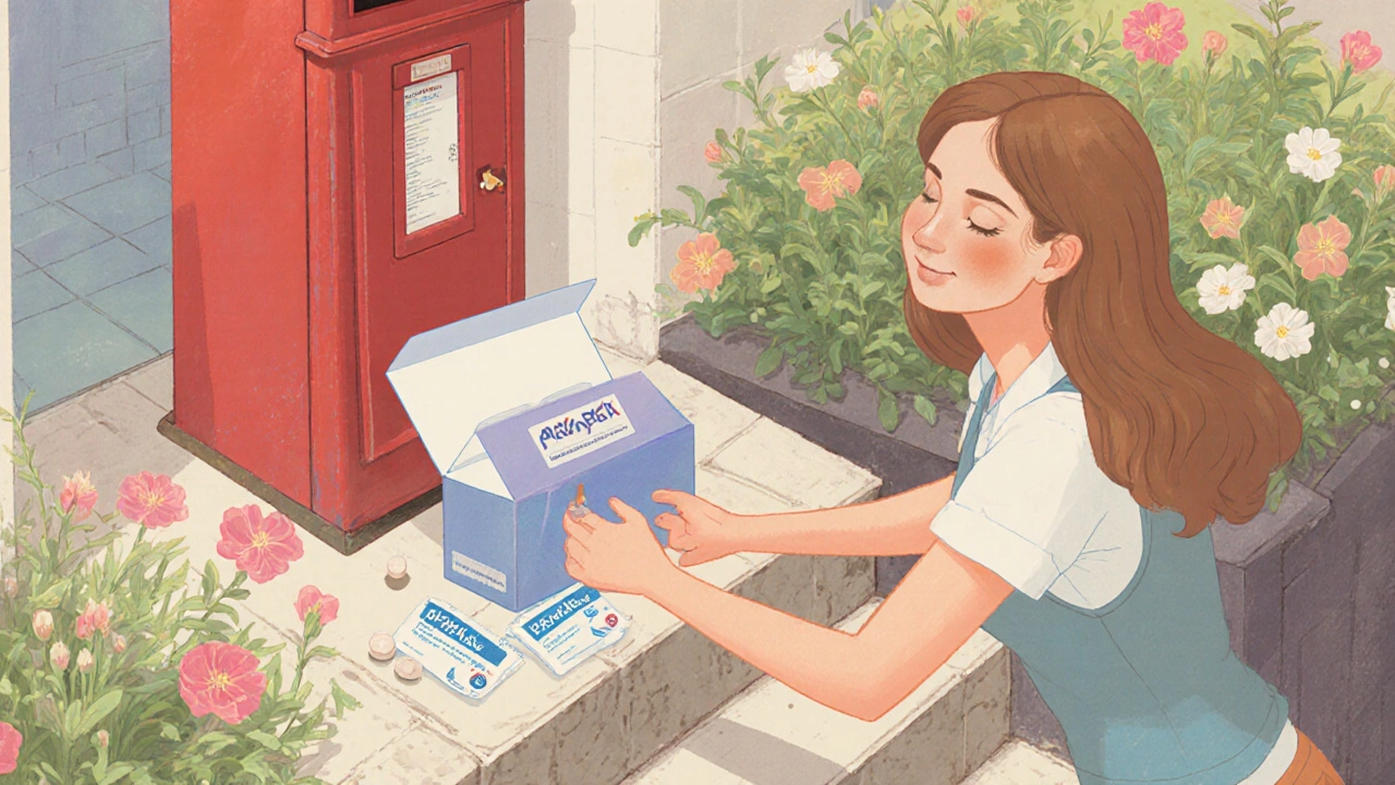 Opened delivery box on a doorstep revealing rows of Provera tablets and a happy woman receiving them.