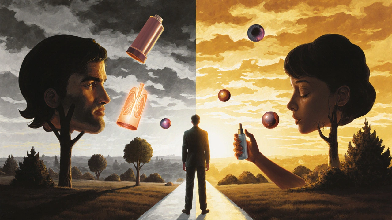 Patient choosing between dim path of pill and bright path of inhaler, guided by a doctor under sunrise sky.