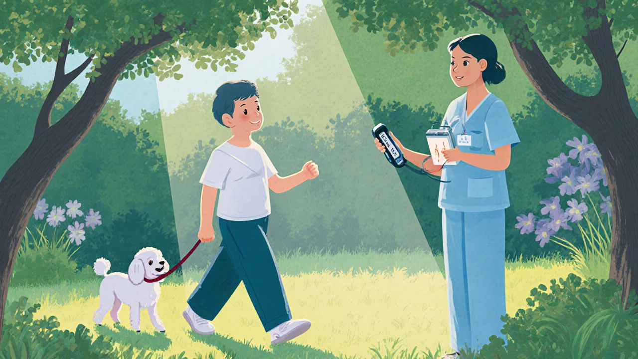 Patient walks with a poodle outdoors while practicing breathing exercises.