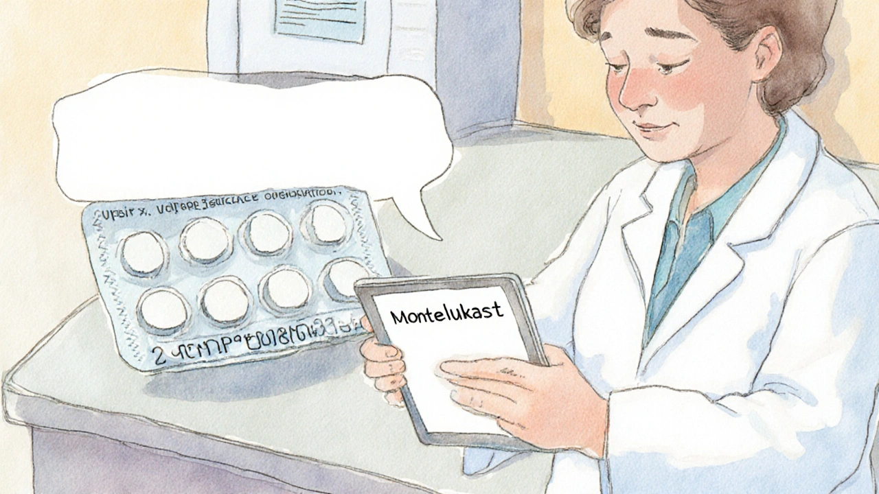 Pharmacist video‑chatting with a patient beside a blister pack of Montelukast tablets.