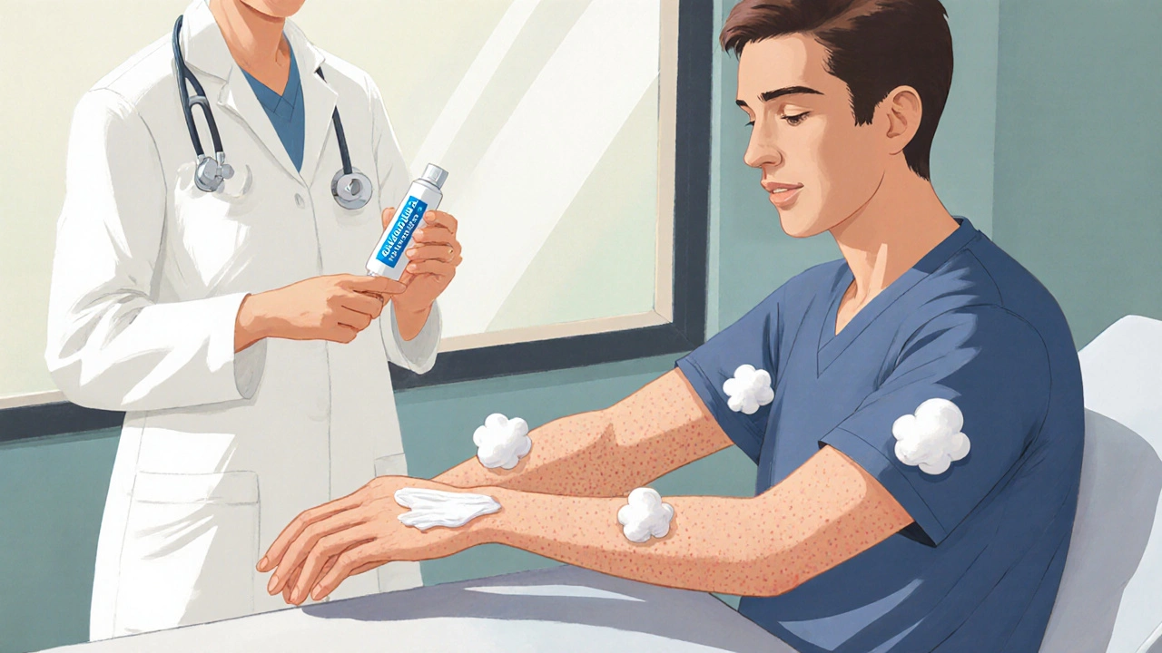 Researcher and patient applying crotamiton cream in lab setting.