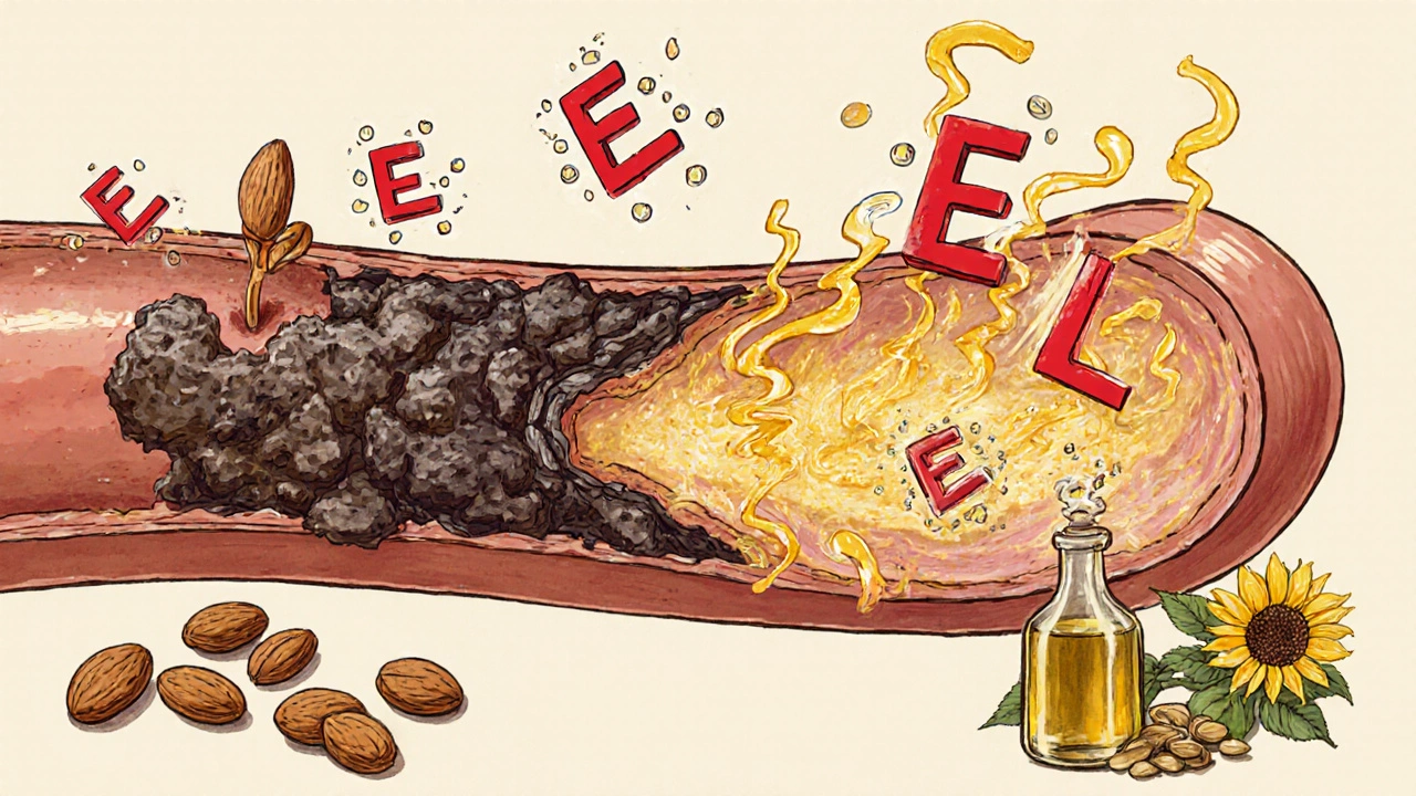 Side‑by‑side artery view: plaque on one side, Vitamin E keeping the other clean.
