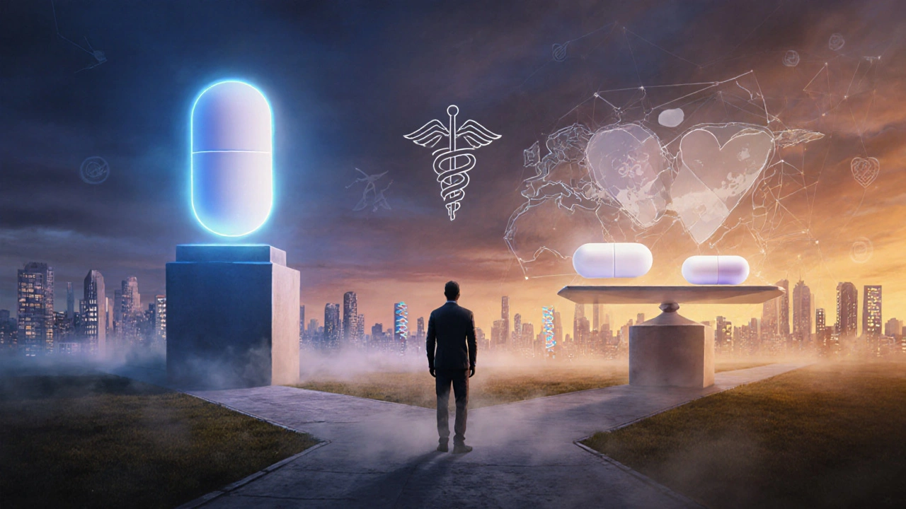 Silhouette of a man at a fork in the road, one path shows a glowing combo pill, the other shows two separate pills on a balance scale.