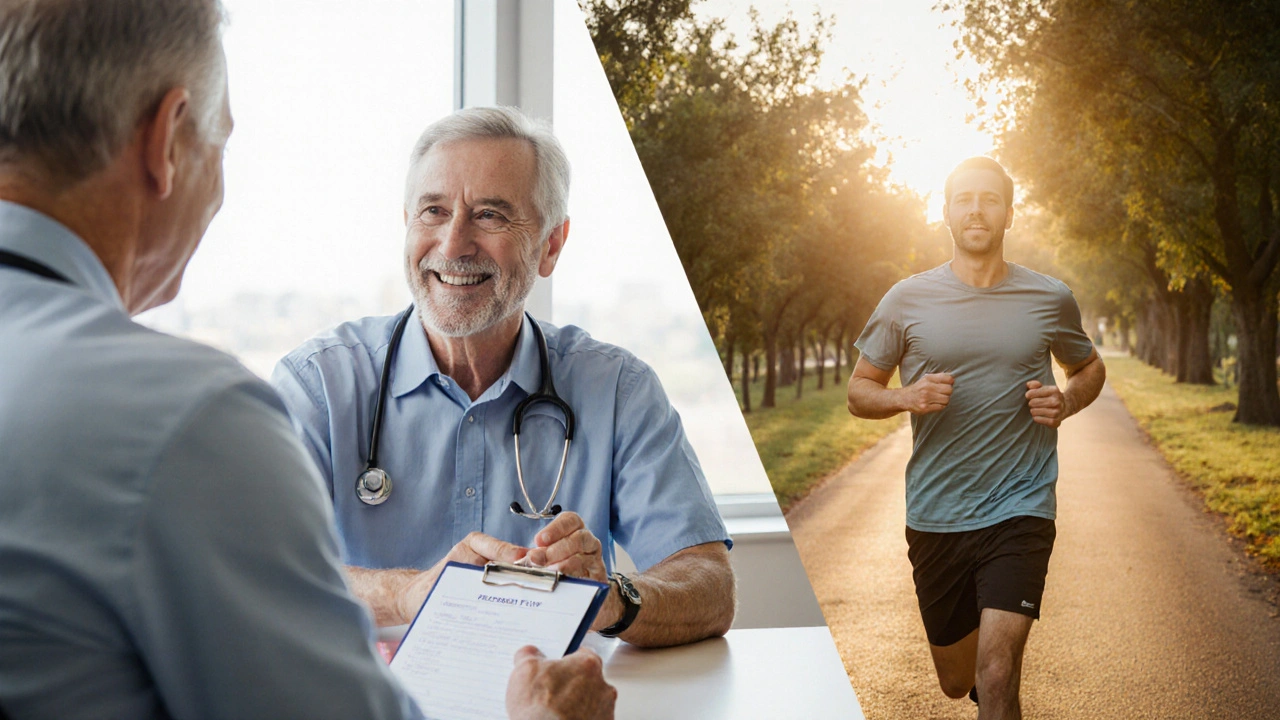 Split scene of a man consulting a doctor and later jogging at sunrise.