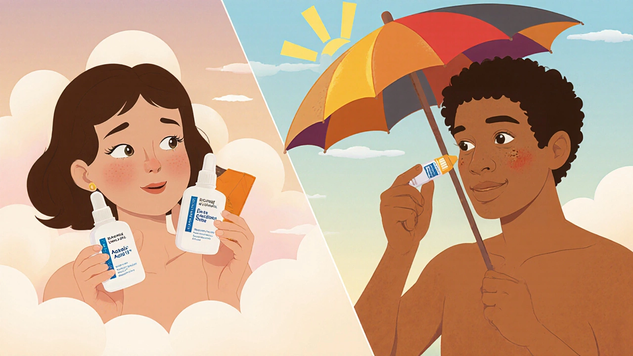 Split scene showing sensitive skin options on left and tretinoin with sun protection on right.