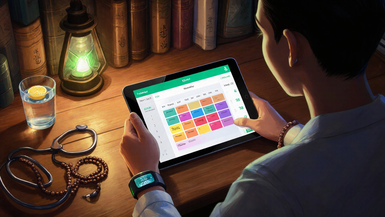 Study with tablet app scheduling meds for fasting, doctor and prayer beads on desk, CGM device glowing.