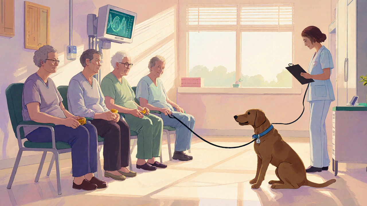 Therapy dog visits emphysema patients in a hospital room, boosting morale.