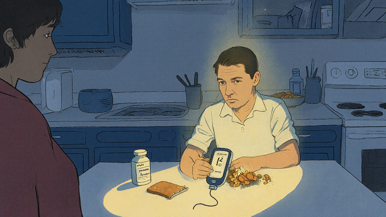 Type 1 diabetic checking glucose after taking propranolol, with snack nearby.