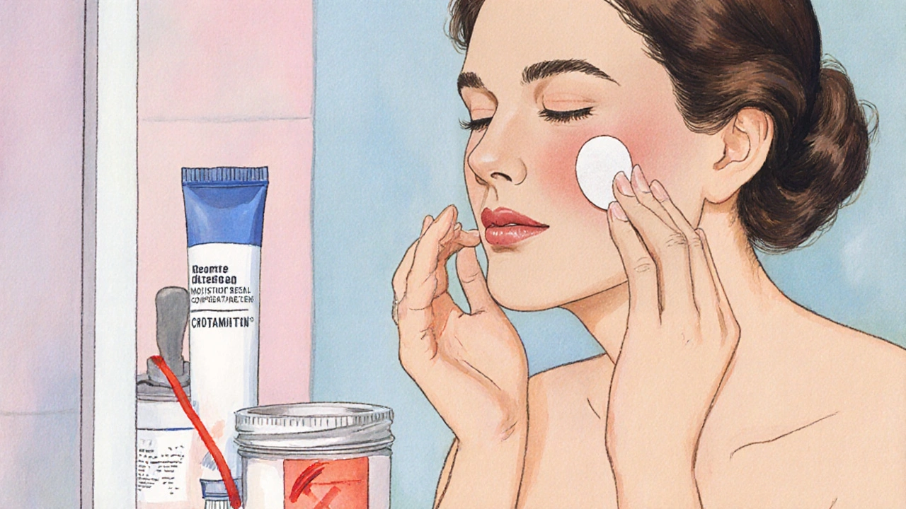 Woman applying crotamiton cream to facial plaque, looking relieved.